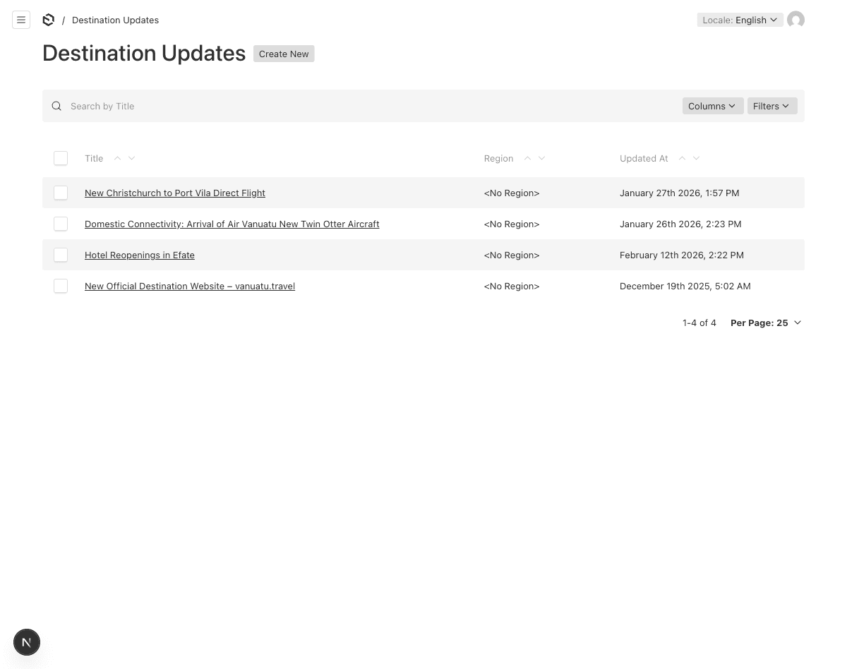 Destination Updates List